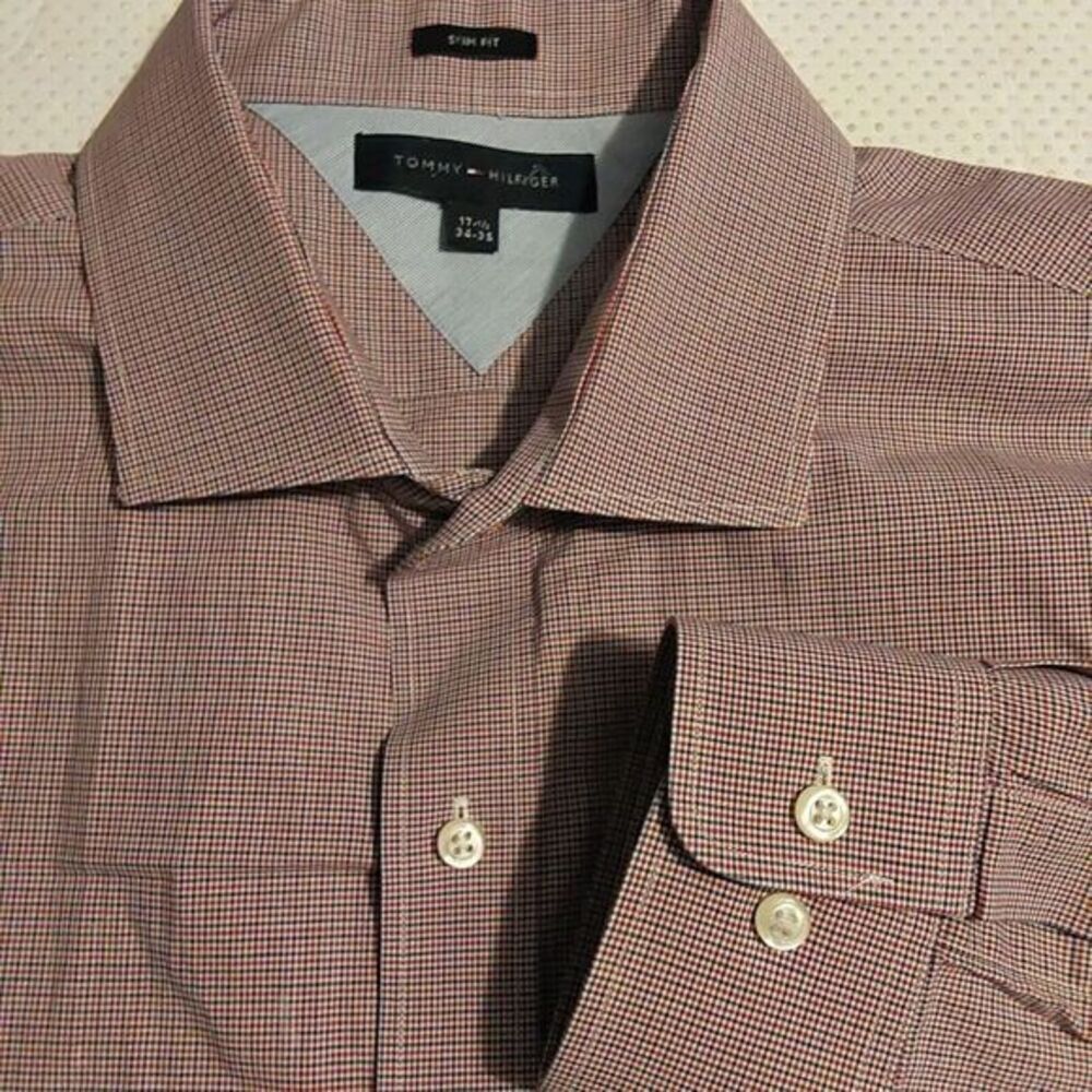 Tommy Hilfiger Mens Button-up Red,Blue Plaid Shirt Long Sleeve Slim 17 1/2 34-35